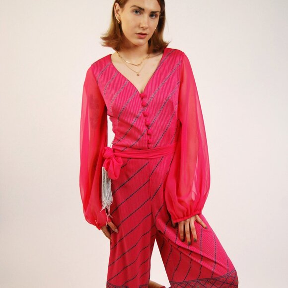 70s Palazzo Jumpsuit (XS) vintage pink alfred shaheen wide leg bishop sleeve 60s